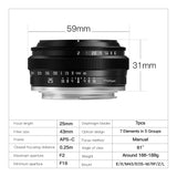 TTArtisan 25mm F/2.0 APS-C Camera Lens for mirrorless camera - Sony E Fuji X Canon EOS M RF NIKON Z MFT Leica Panasonic L
