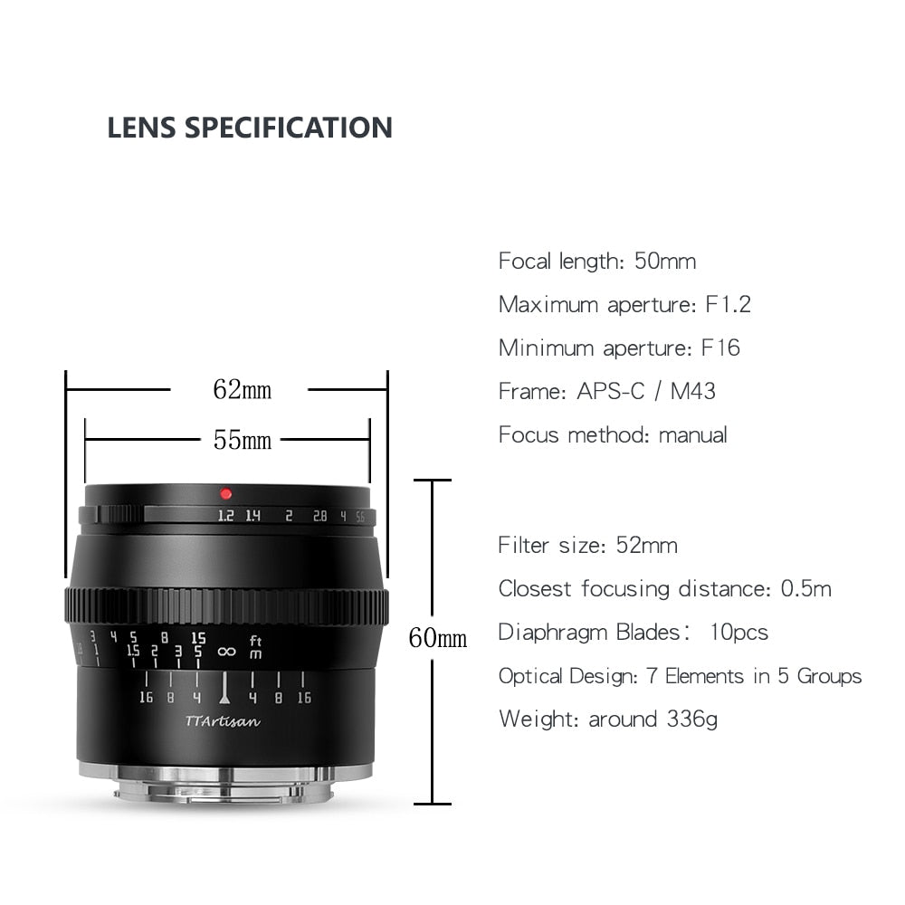 TTArtisan 50mm F/1.2 APS-C Camera Lens for mirrorless camera - Sony E Fuji X Canon EOS M RF NIKON Z MFT Leica Panasonic L